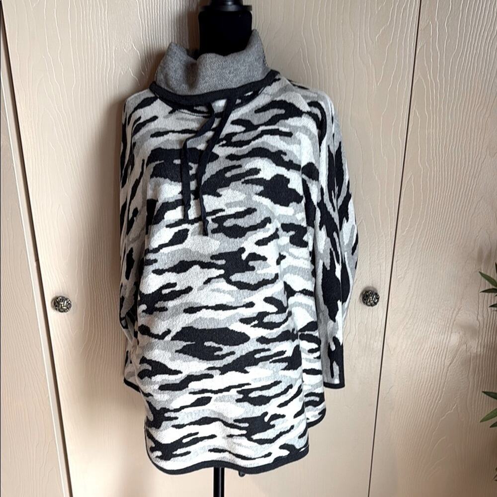 Gray and Black Camouflage Women's Cowl Neck Sweater